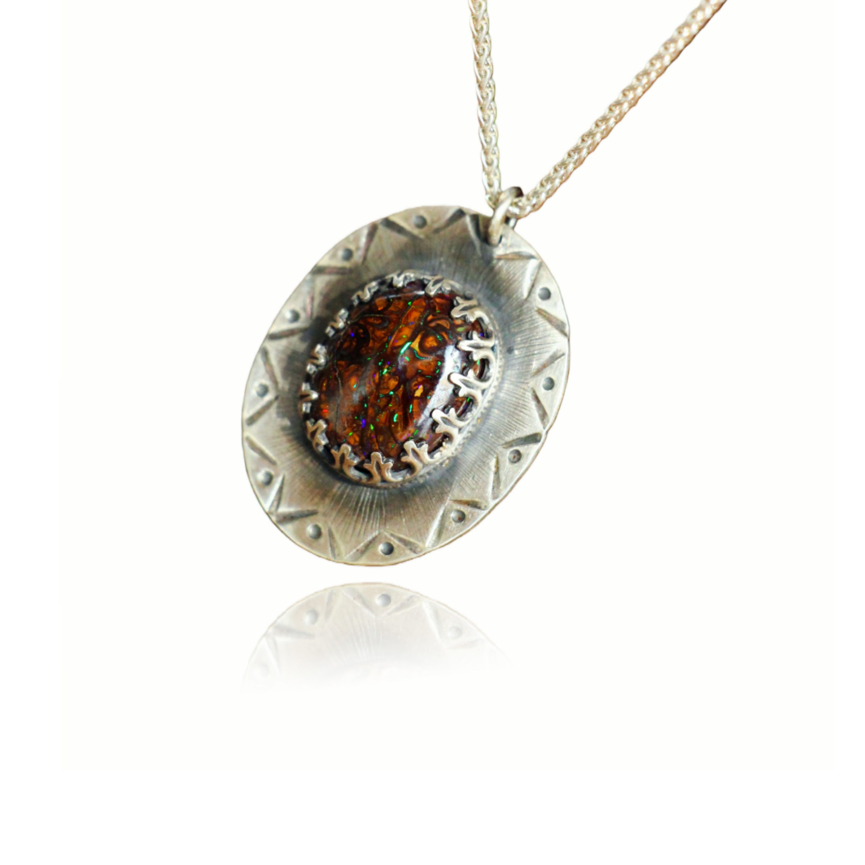 Handcrafted Vintage Oval Boulder Opal Necklace , Fine Silver Necklace
