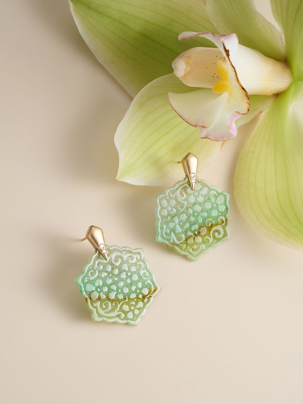 Thumbnail: Natural Green Jade Hexagon Earrings, 14K Gold Floral Carving, Diamond Accents,