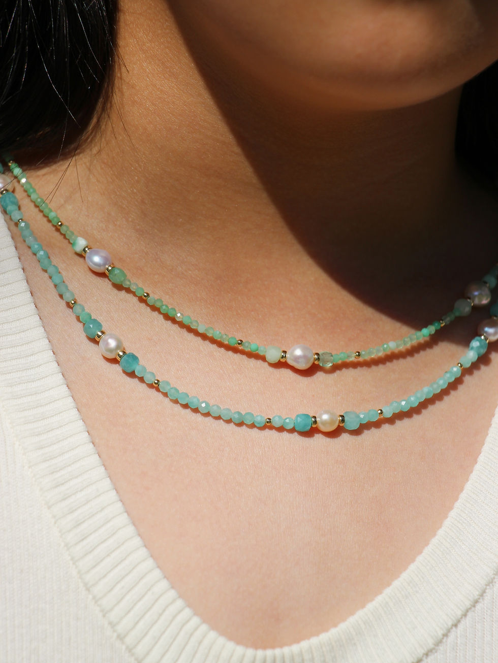 Thumbnail: 14K Gold-Filled Amazonite & Chrysoprase Pearl Necklace | Stacking  Blue Gem Jewe
