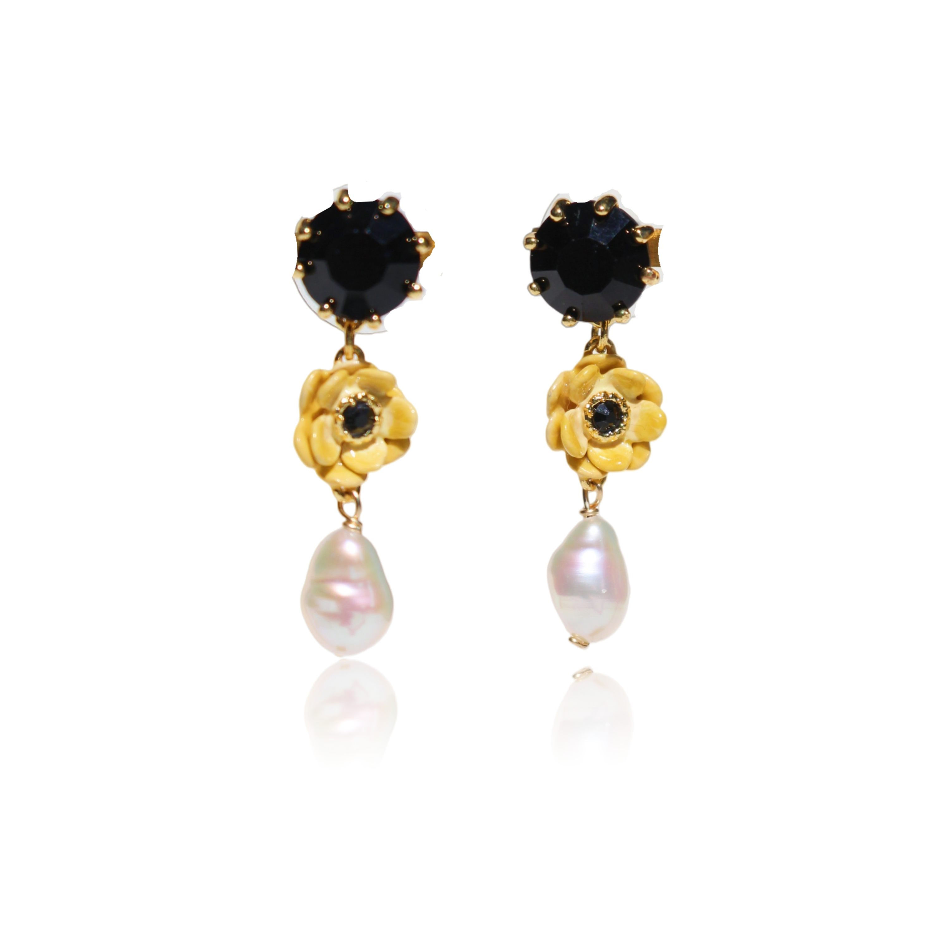 Vintage Hand-Painted Enamel Floral Long Stud Earrings, Pearl Dangle Earrings