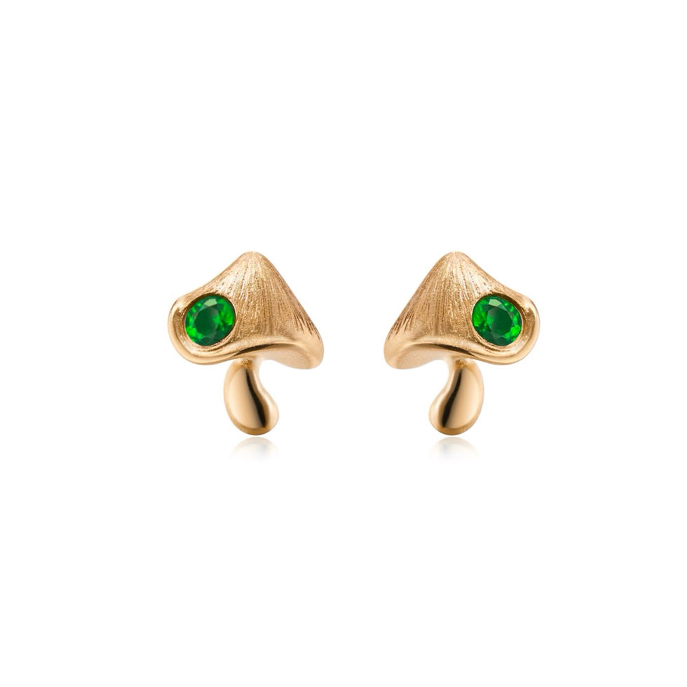 Thumbnail: 18K Gold Tsavorite Mushroom Stud Earrings, Handmade Green Garnet Cute Jewelry
