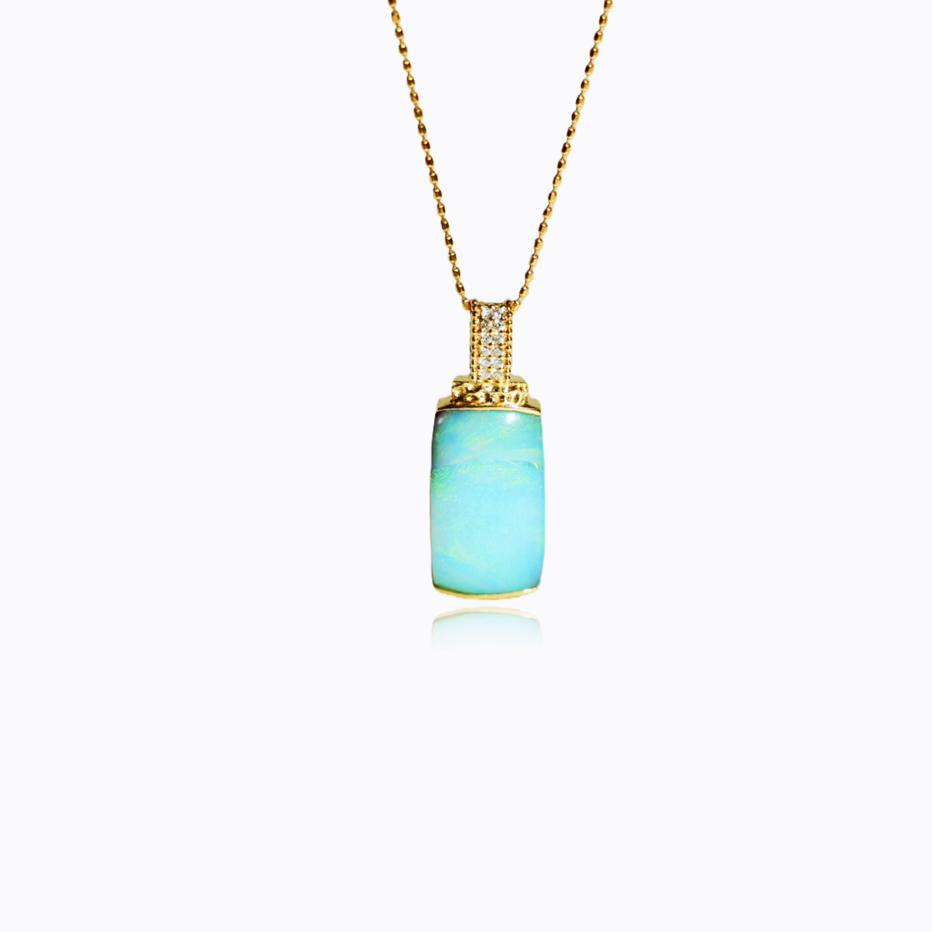 18K Gold Boulder Opal Pendant: Minimalist Rectangular Diamond Jewelry