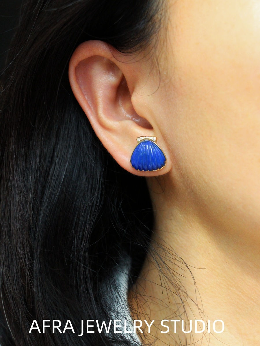 Thumbnail: 18K Gold Lapis Lazuli Diamond Earrings: Asymmetrical Starfish Shell Studs