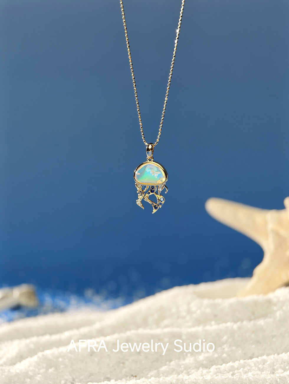 Thumbnail: 14K Gold Jellyfish Pendant | Australian Crystal Opal, Diamond, Sapphire Ocean Ne