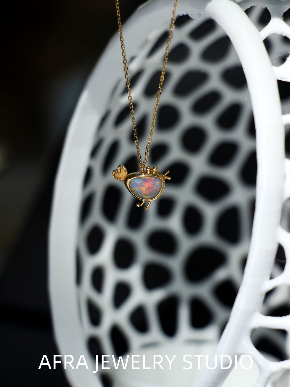 Thumbnail: 18K Gold Australian Black Opal Bird Pendant Necklace