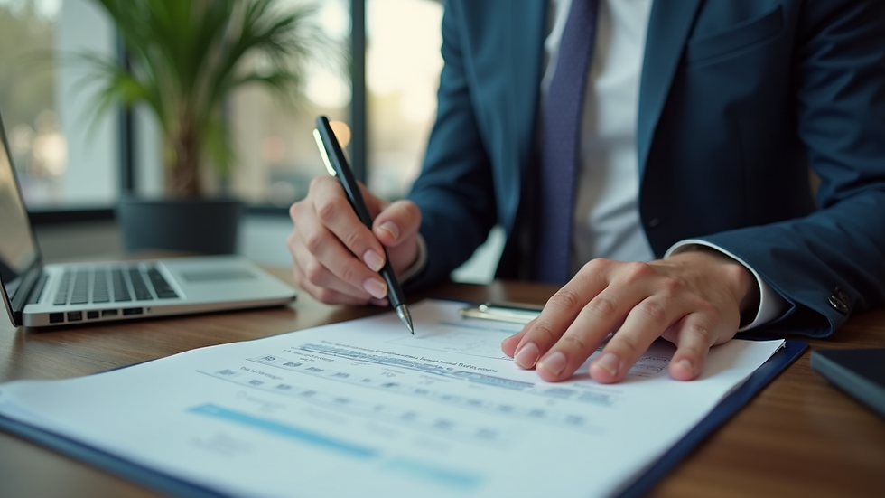 Eye-level view of a business owner reviewing trademark documents