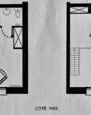 Plan appartement deux niveaux, cuisine, séjour, mezzanine, vide sur séjour, côté mer.