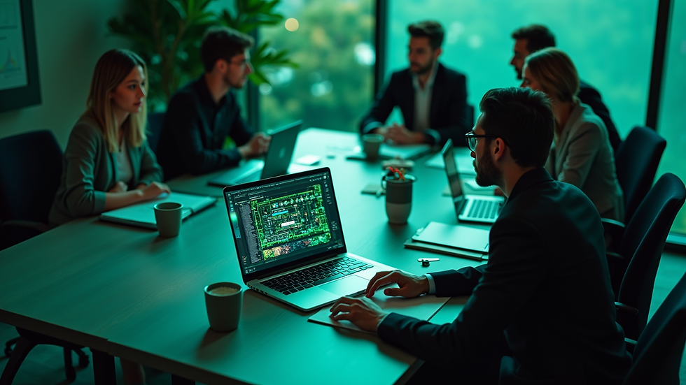 High angle view of a business meeting discussing AI software options