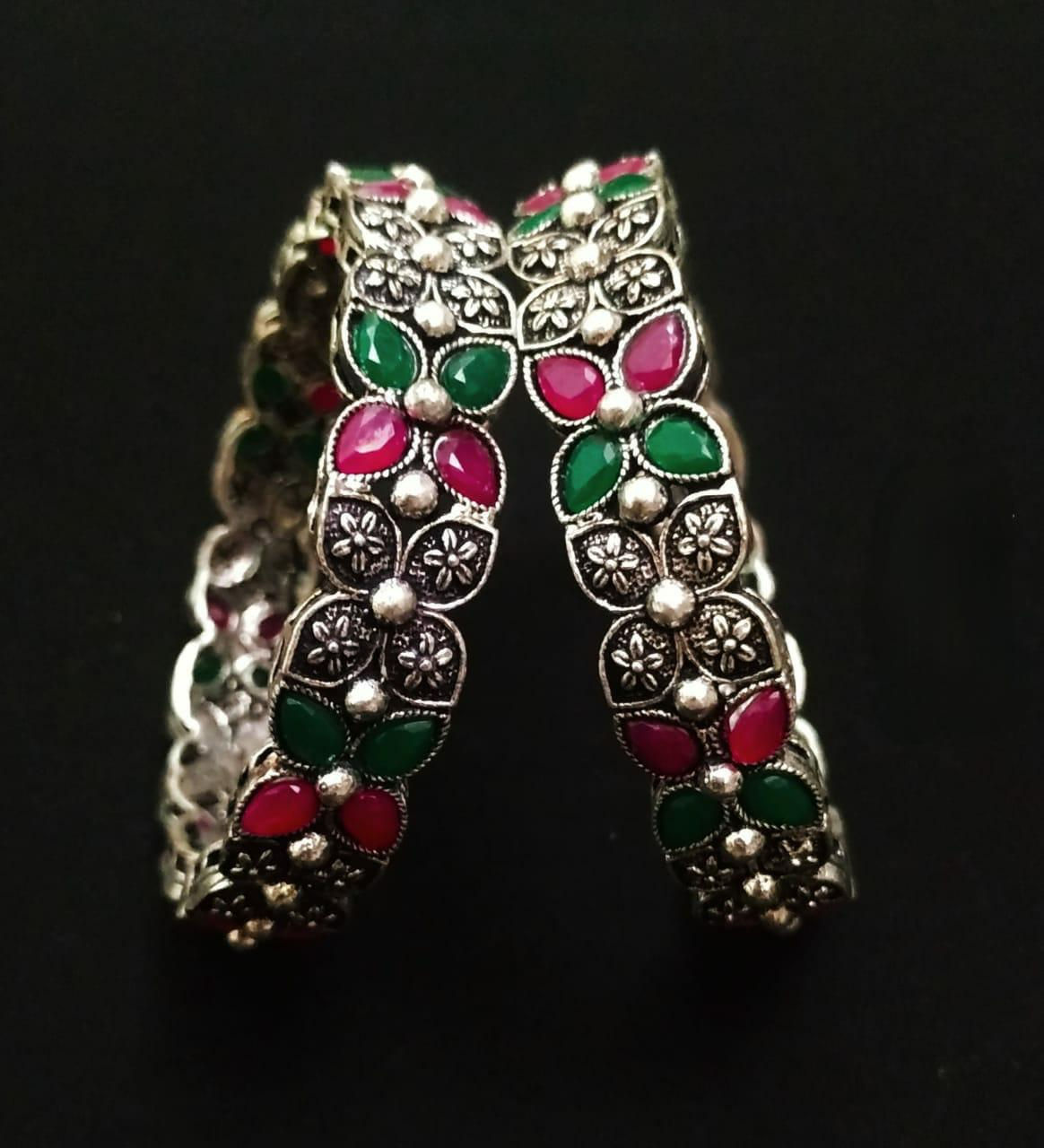 Oxidised bangles with red n green stones  