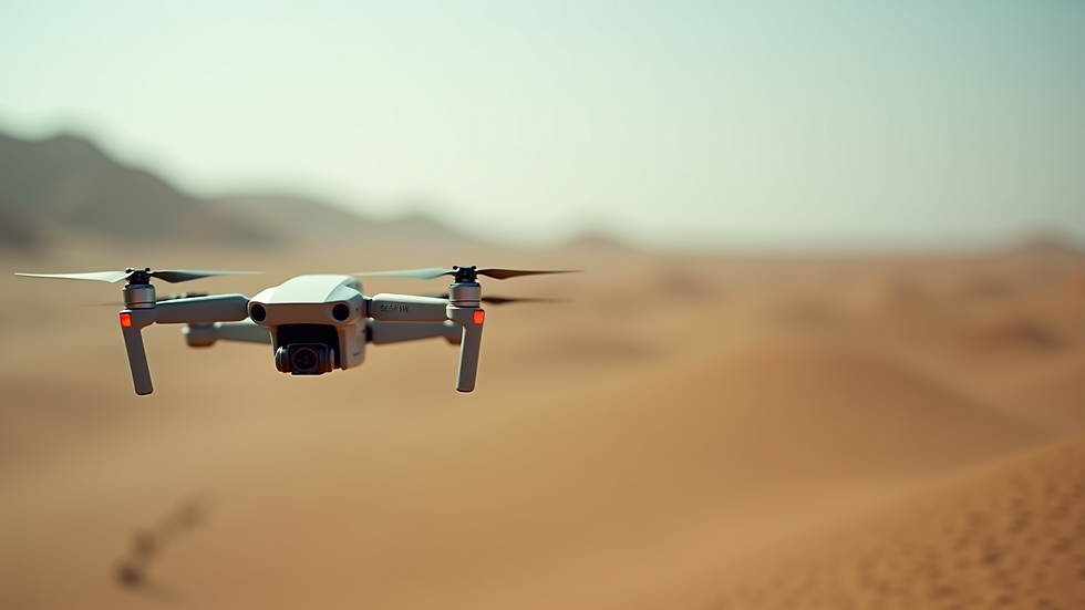 Close-up view of a drone hovering over a desert landscape