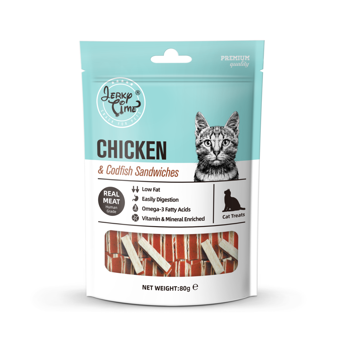 חטיף לחתולים גרקי טיים פרוסות עוף בשילוב דג בקלה 80 גרם