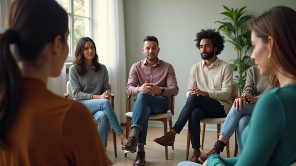 Close-up view of a group of diverse individuals sitting in a circle during a support group session