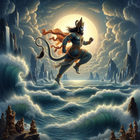 "Lord Hanuman soaring above the vast ocean, leaping towards Lanka. His immense figure radiates divine energy, his tail extends behind him like a celestial flame, while the crashing waves below add to the dramatic scene."