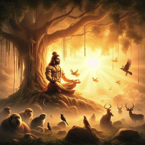 "Lord Hanuman meditating under a massive banyan tree, surrounded by nature. Birds and animals sit peacefully near him as soft golden sunlight creates a serene and spiritual atmosphere."