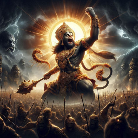 "Mighty Lord Hanuman leading an army of vanaras on the battlefield, holding his powerful mace high. Dark storm clouds and lightning enhance the intensity of the war, showcasing his bravery and leadership."