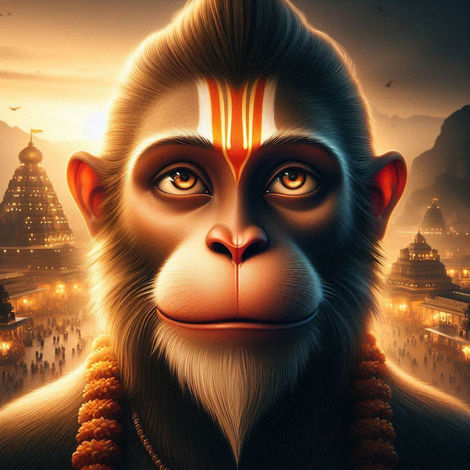 "Close-up portrait of Lord Hanuman with deep, compassionate eyes filled with devotion. His forehead shines with a tilak, and temple lamps glow in the background, creating a divine atmosphere."