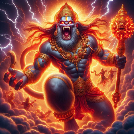 "Fierce Lord Hanuman in his Virat Roop (gigantic form), glowing with fire-like energy. His red eyes reflect divine rage, his mighty mace shines with power, and lightning strikes the stormy sky behind him."