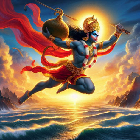 "Lord Hanuman flying across the sky carrying the Sanjeevani mountain in one hand. His red dhoti flows in the wind, with the vast ocean beneath him and the golden sunlight illuminating his strong figure."