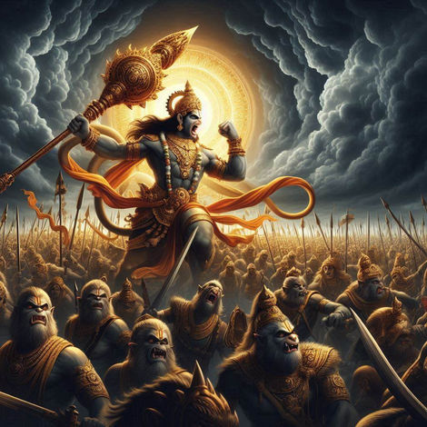 "Mighty Lord Hanuman leading an army of vanaras on the battlefield, holding his powerful mace high. Dark storm clouds and lightning enhance the intensity of the war, showcasing his bravery and leadership."