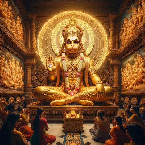 "Grand Lord Hanuman seated in a magnificent temple, radiating divine energy. Devotees bow before him as he blesses them, with Ramayana carvings on the temple walls enhancing the spiritual atmosphere."
