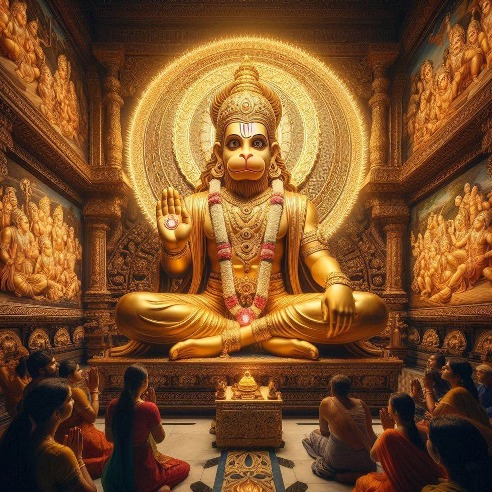 "Grand Lord Hanuman seated in a magnificent temple, radiating divine energy. Devotees bow before him as he blesses them, with Ramayana carvings on the temple walls enhancing the spiritual atmosphere."