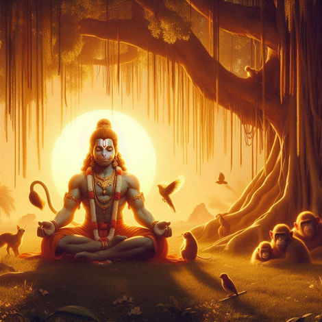 "Lord Hanuman meditating under a massive banyan tree, surrounded by nature. Birds and animals sit peacefully near him as soft golden sunlight creates a serene and spiritual atmosphere."