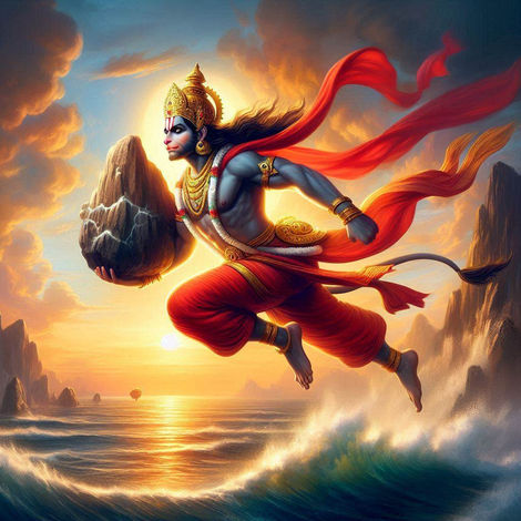 "Lord Hanuman flying across the sky carrying the Sanjeevani mountain in one hand. His red dhoti flows in the wind, with the vast ocean beneath him and the golden sunlight illuminating his strong figure."