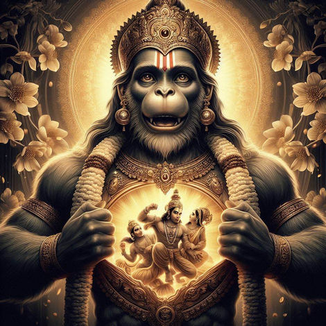 "Lord Hanuman tearing open his chest to reveal Lord Rama and Sita inside his heart. His eyes glow with love and devotion as divine flowers shower from the heavens, symbolizing his eternal bhakti."