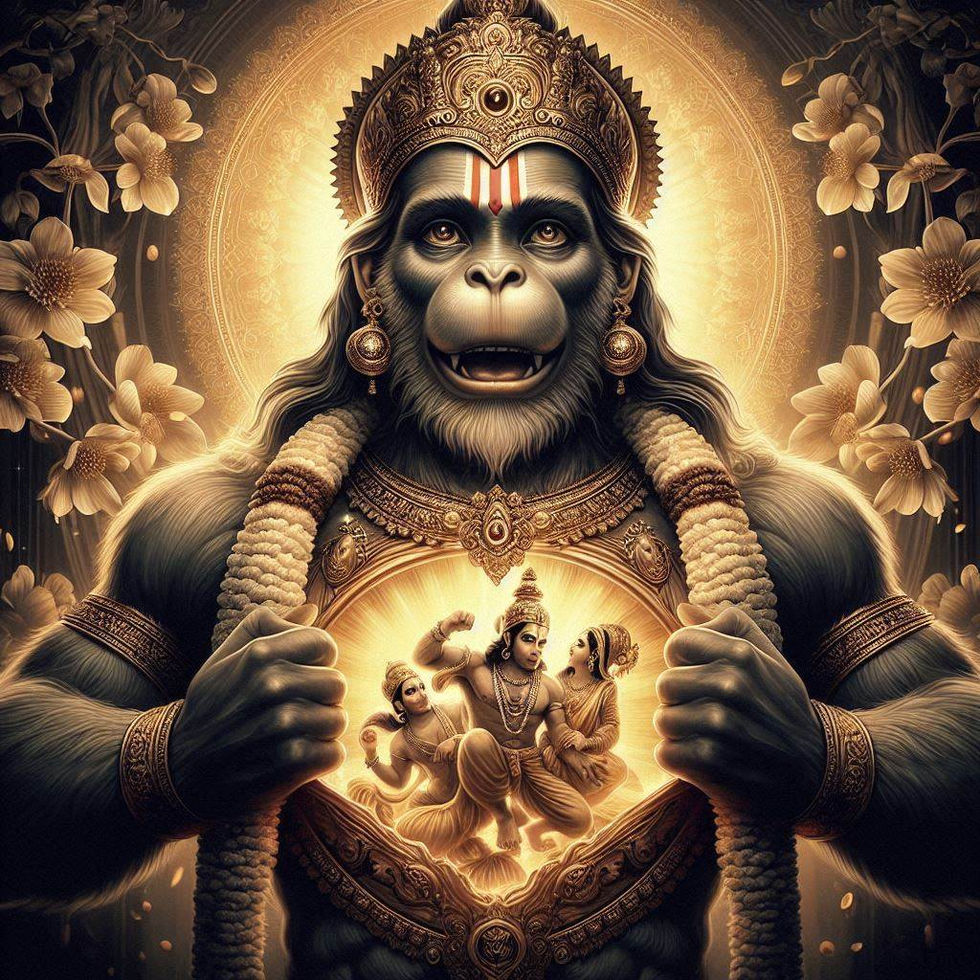 "Lord Hanuman tearing open his chest to reveal Lord Rama and Sita inside his heart. His eyes glow with love and devotion as divine flowers shower from the heavens, symbolizing his eternal bhakti."
