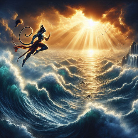 "Lord Hanuman soaring above the vast ocean, leaping towards Lanka. His immense figure radiates divine energy, his tail extends behind him like a celestial flame, while the crashing waves below add to the dramatic scene."