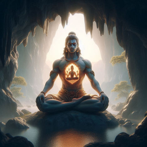 "Meditating Lord Hanuman sitting inside a mystical cave, radiating a divine aura. His open chest reveals Lord Rama and Sita, symbolizing his unwavering devotion and spiritual connection."