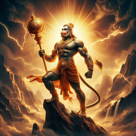 "Powerful Lord Hanuman standing on a mountain peak, holding a glowing mace with divine energy surrounding him. The stormy sky and lightning in the background symbolize his strength and devotion."