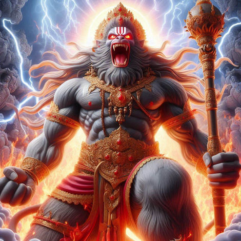 "Fierce Lord Hanuman in his Virat Roop (gigantic form), glowing with fire-like energy. His red eyes reflect divine rage, his mighty mace shines with power, and lightning strikes the stormy sky behind him."