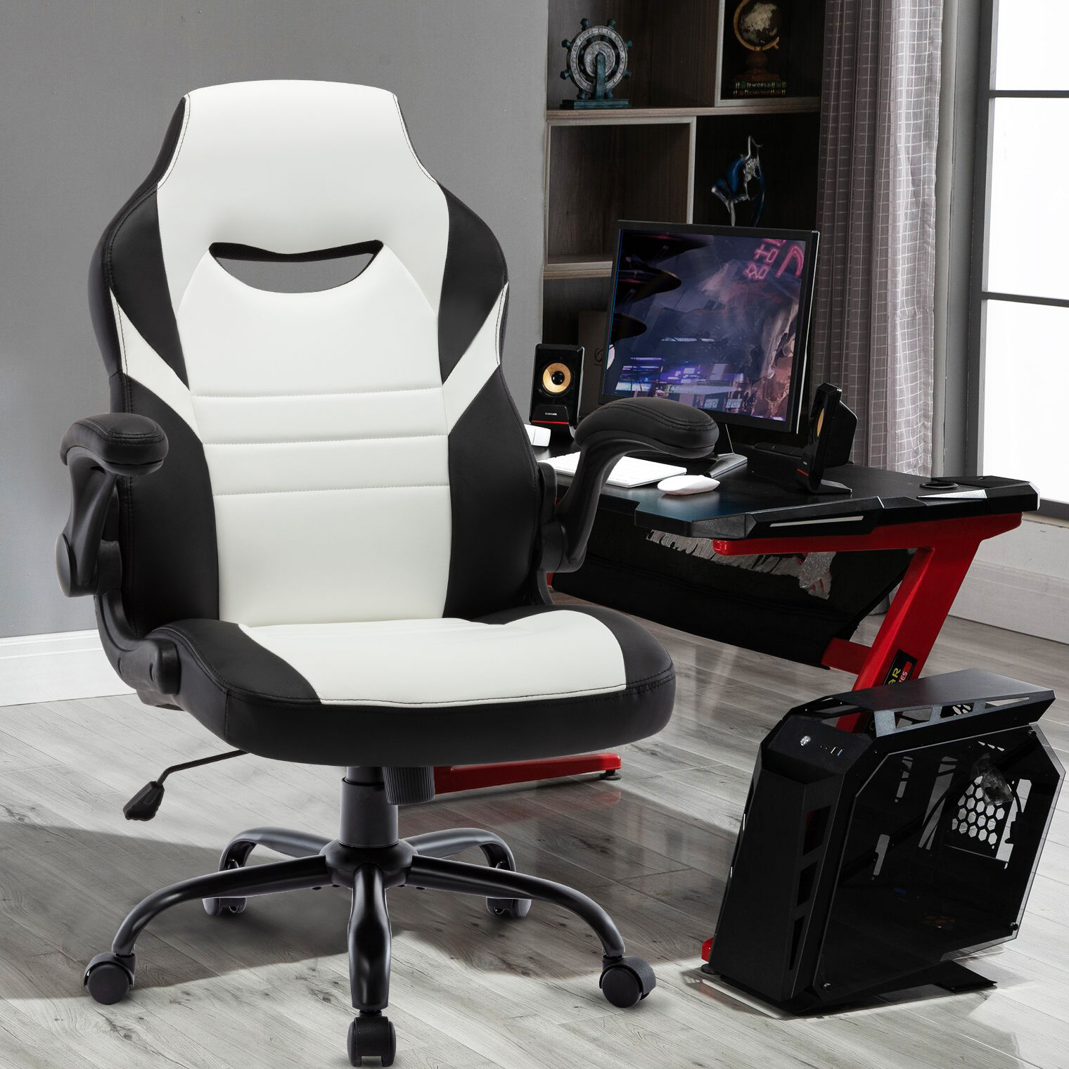 Flip-Up Arms Office Gaming Chair, Ergonomic Swivel Computer Racing Game Chair Ad