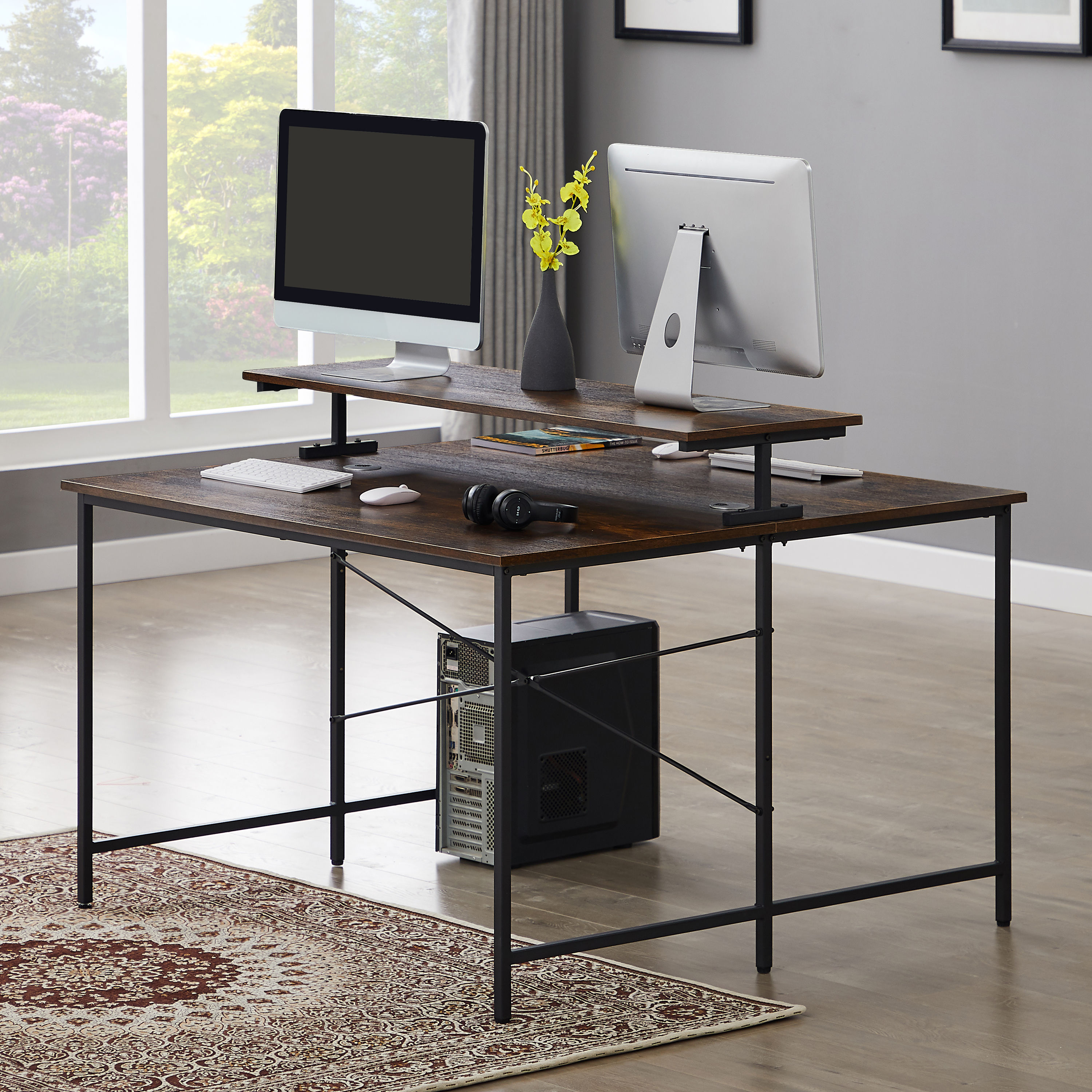 Two Person Computer Desk with Monitor Shelf /Double Workstation 47 x 47 Inch Ext