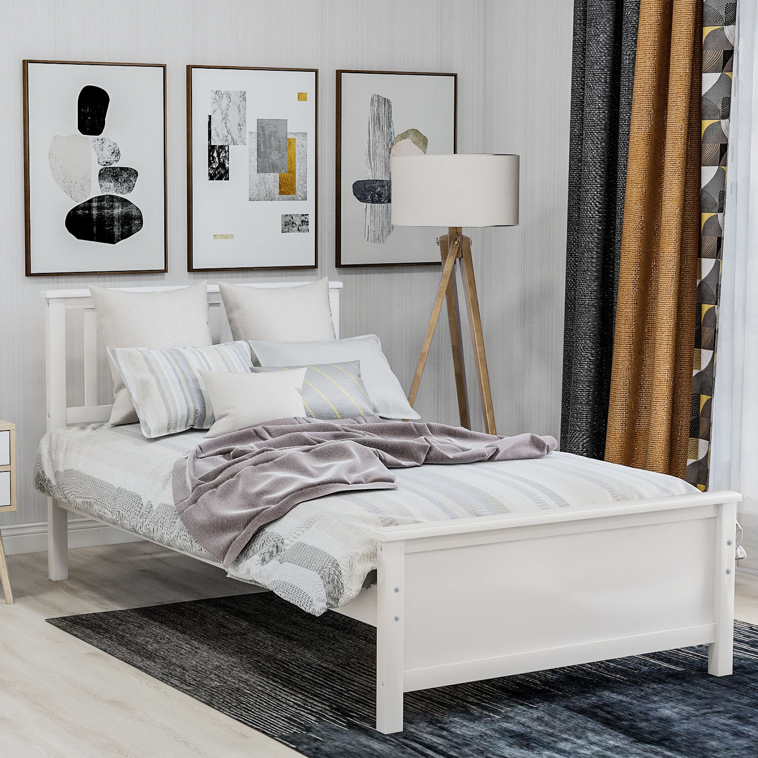 Twin Size Wood Platform Bed with Headboard,Footboard and Wood Slat Support, Whit