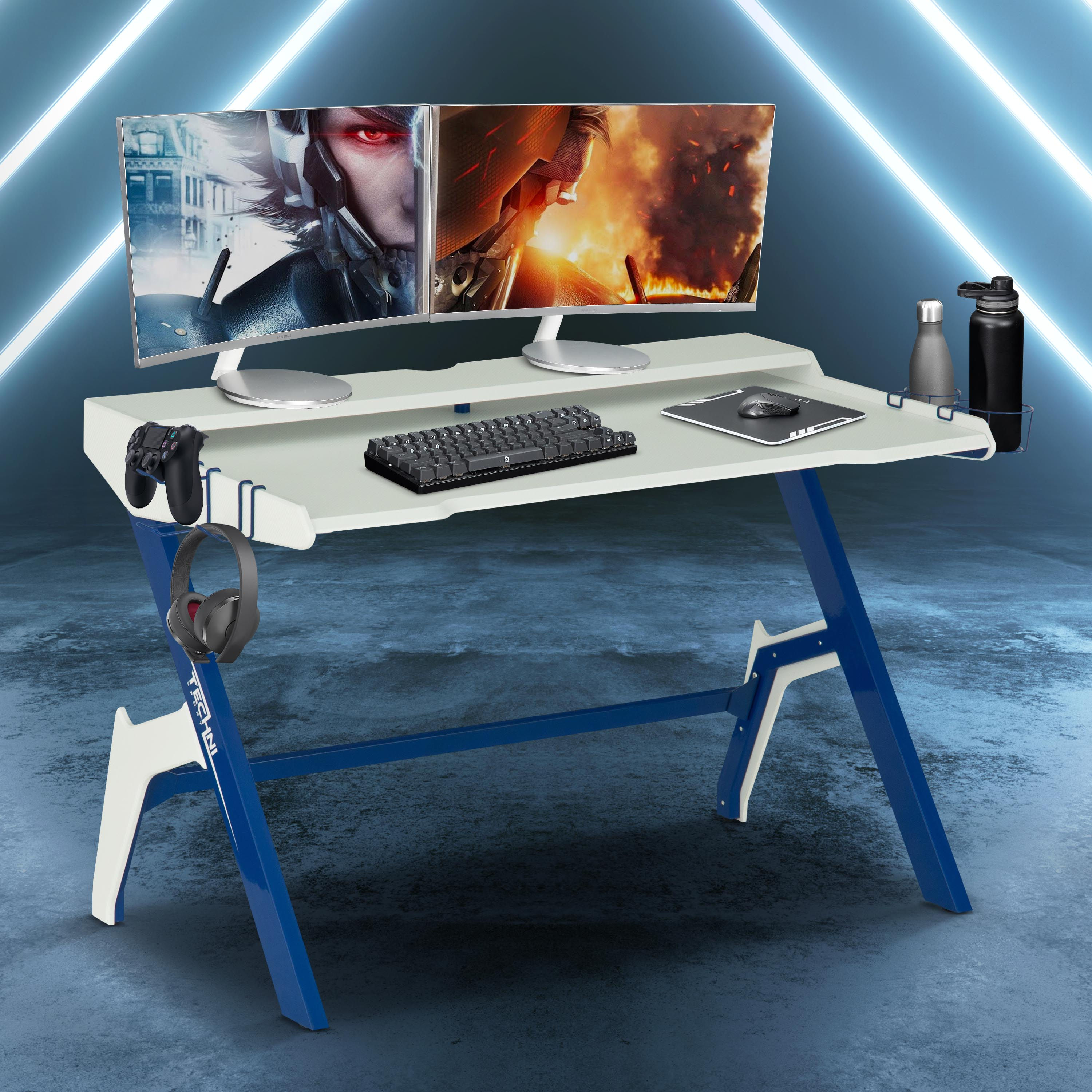 Techni Sport Ergonomic Computer Gaming Desk Workstation with Cupholder Headpho