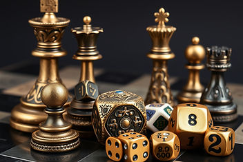 Board Game Peices and Dice, include ornate chess peices and multy sided dice like a d20.jpg