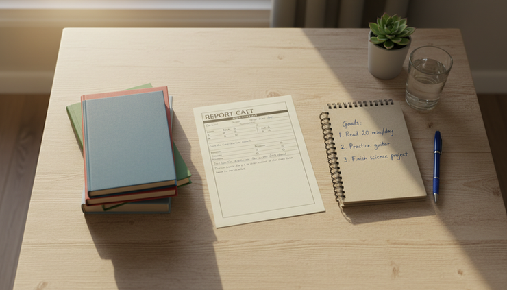 Overhead view of a report card beside a notebook with a short goal list.