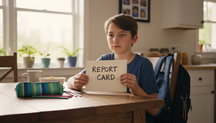 Eye-level view of a student holding a sealed report card at a kitchen table.