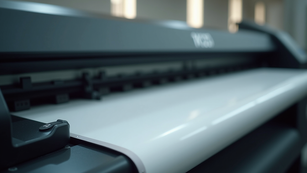 Close-up view of a Roland large format printer in action