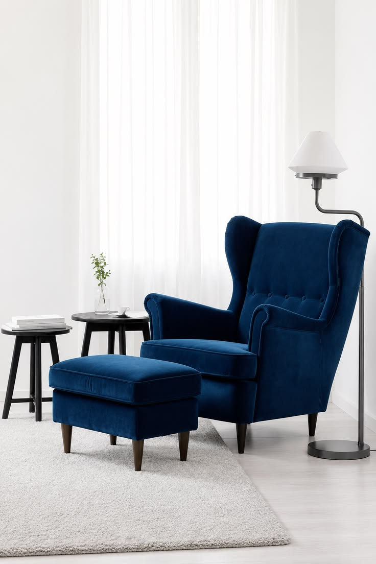 Luxury Navy Blue Wingback Accent Chair with Ottoman _ Modern Reading Chair for Living Room
