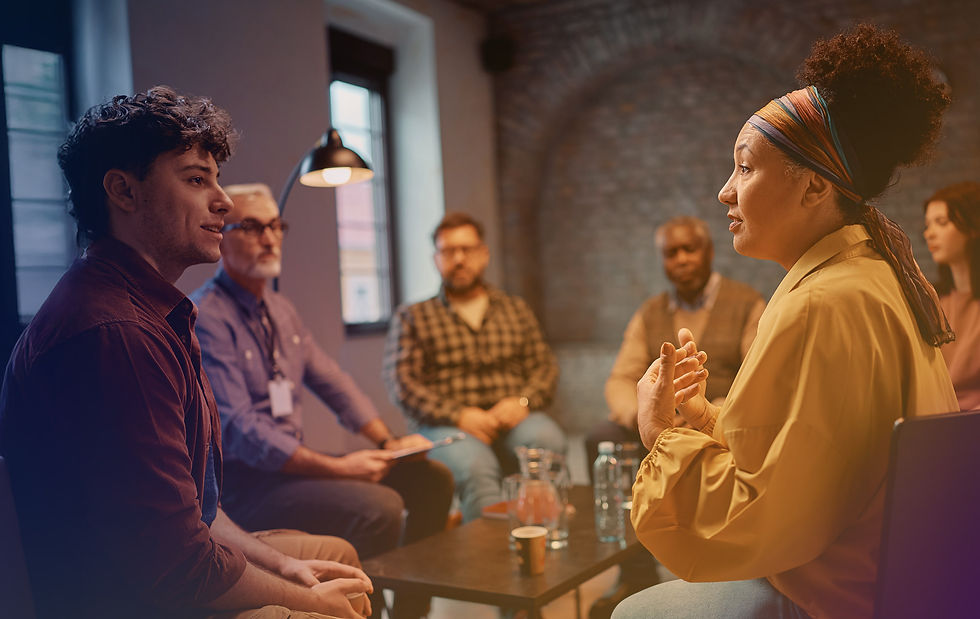 a group session with participants discussing addiction as part of Schoen Clinic Chelsea's outpatient addiction programme