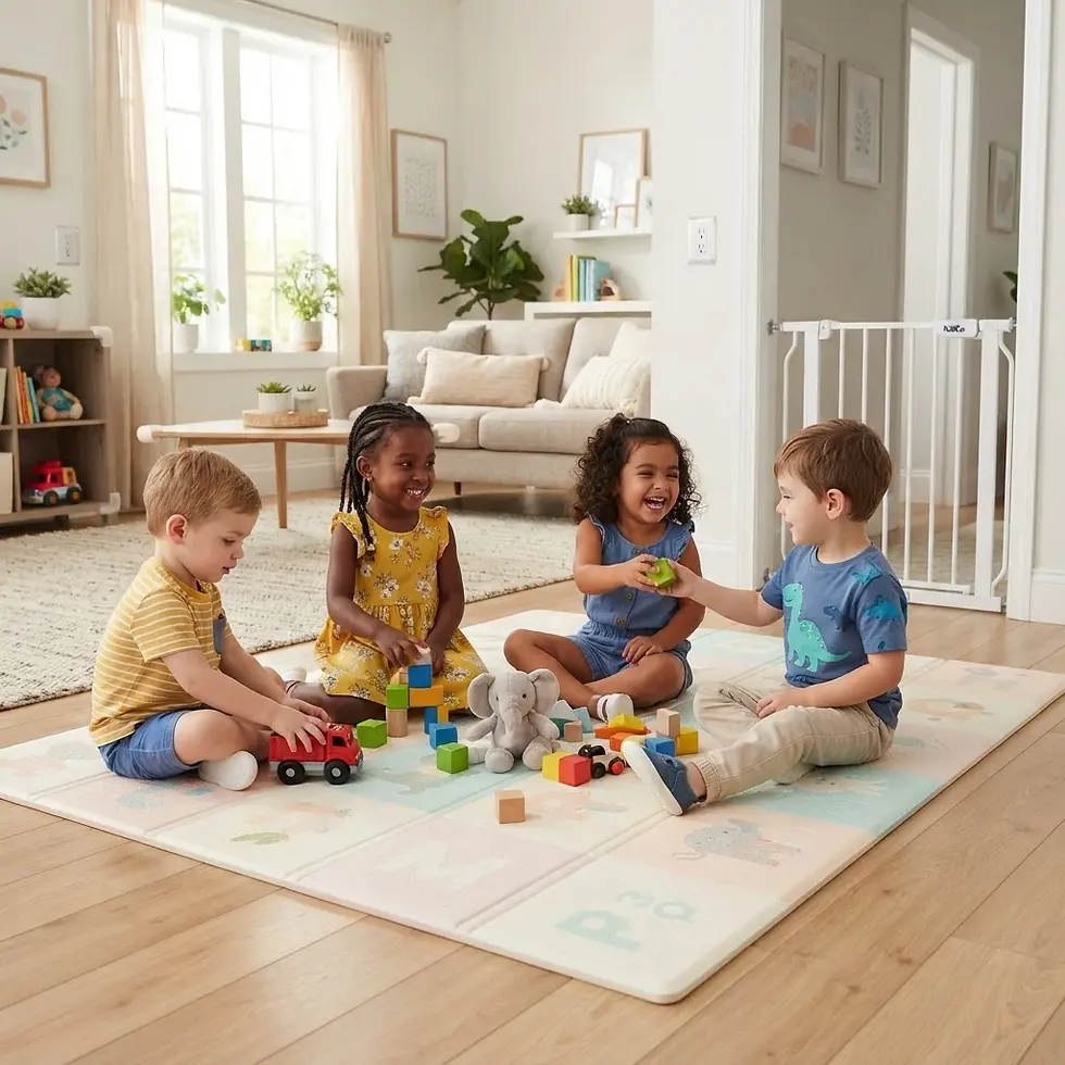Lifestyle photography of four diverse young children playing happily together on a mat with toys in a bright, domestic setting.