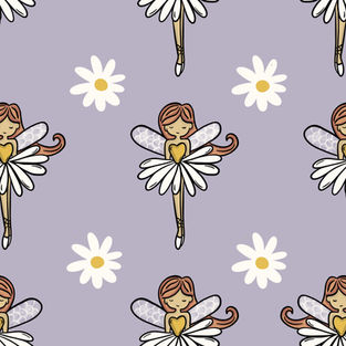 Pattern with fairies and daisies on a purple background.