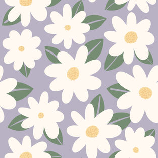 White daisies with green leaves on purple background.
