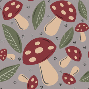 a seamless pattern of mushrooms and leaves on a gray background