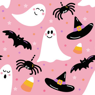 a pattern of ghosts bats spiders and candy corn on a pink background