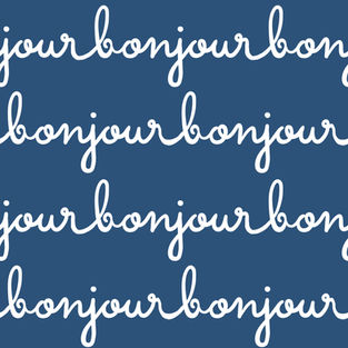the word bonjour is written in cursive on a blue background