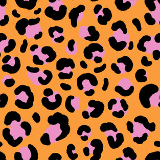 a leopard print with pink and black spots on an orange background